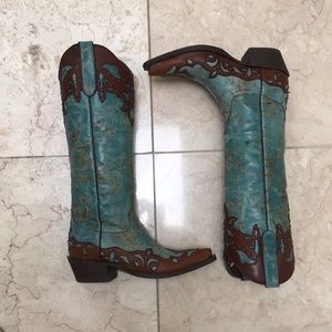 Western Cowboy Knee High Boots Turquoise & Brown